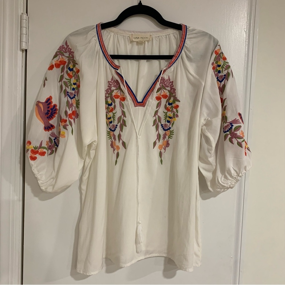 Luna Moon Bohemian Embroidered Tassel Tie Puff Sleeve Top Colorful Sz Medium